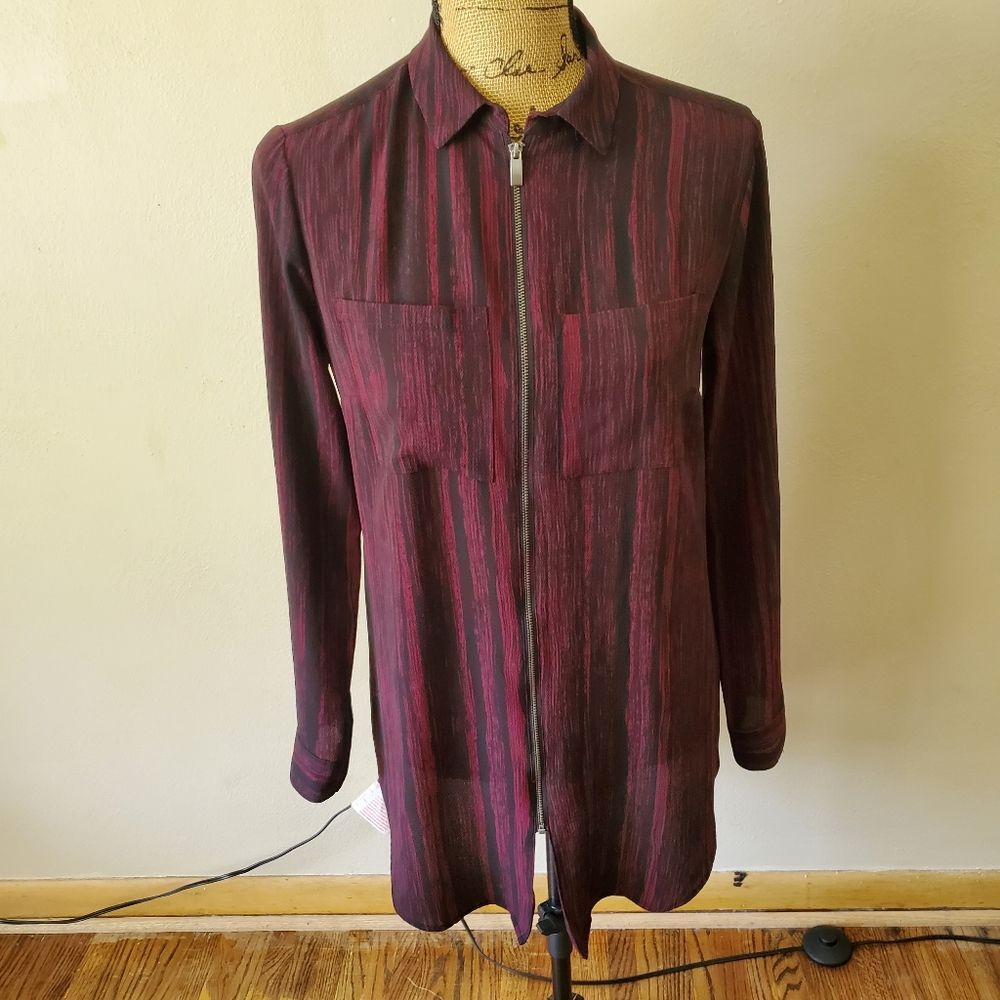 Rock & Republic Womens Full Zip Shirt Maroon Black Space Dye Roll Tab Blouse S